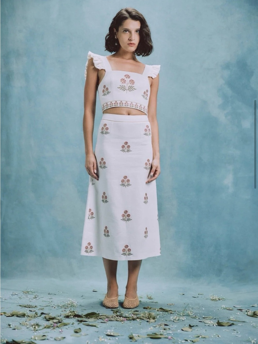 Rosewater House Yalda ruffle bustier and skirt set in Naz floral embroidery